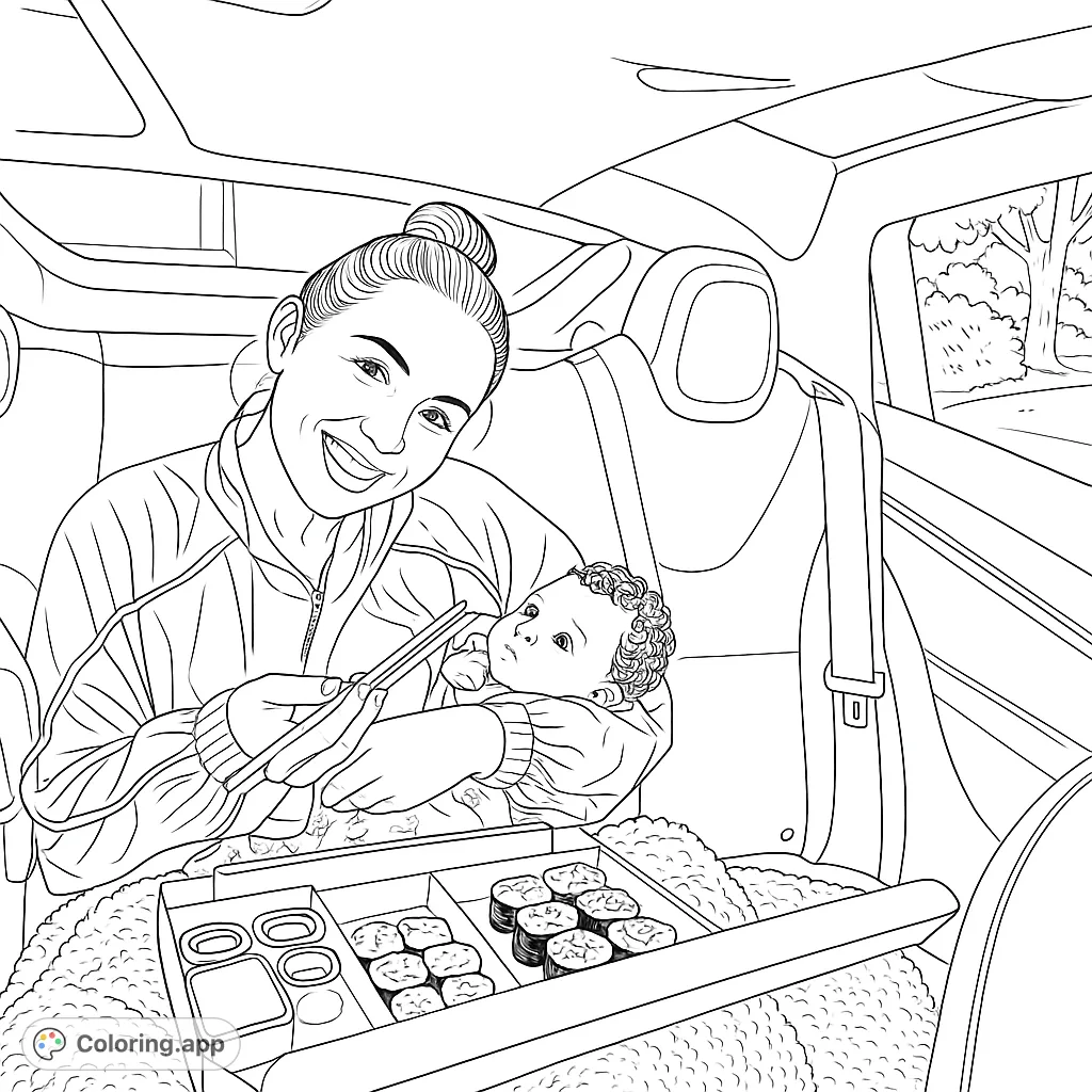 Heartwarming scene of a mom holding her baby in a car, sharing a fun sushi moment. A free printable family coloring page for all ages.