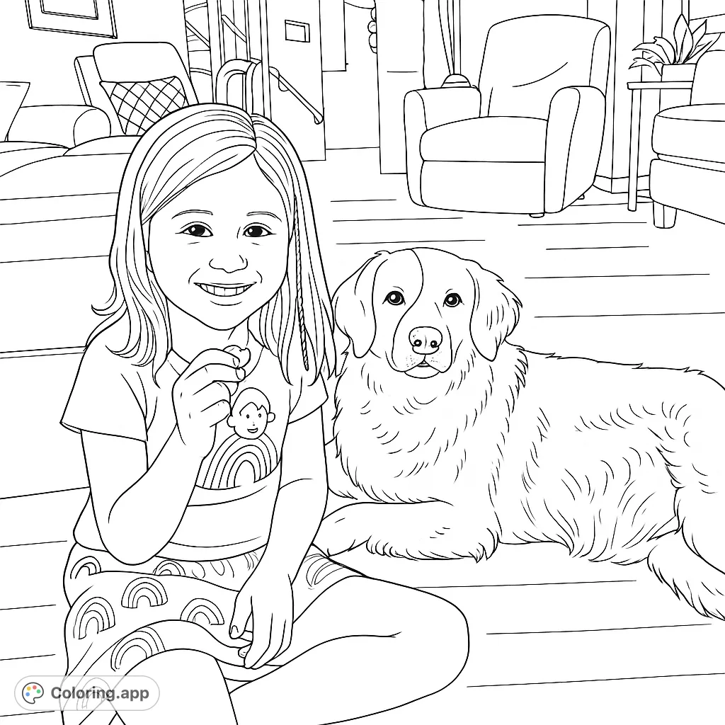 A joyful girl sits beside her fluffy dog, both smiling in a cozy living room. A heartwarming scene for a free printable coloring page.
