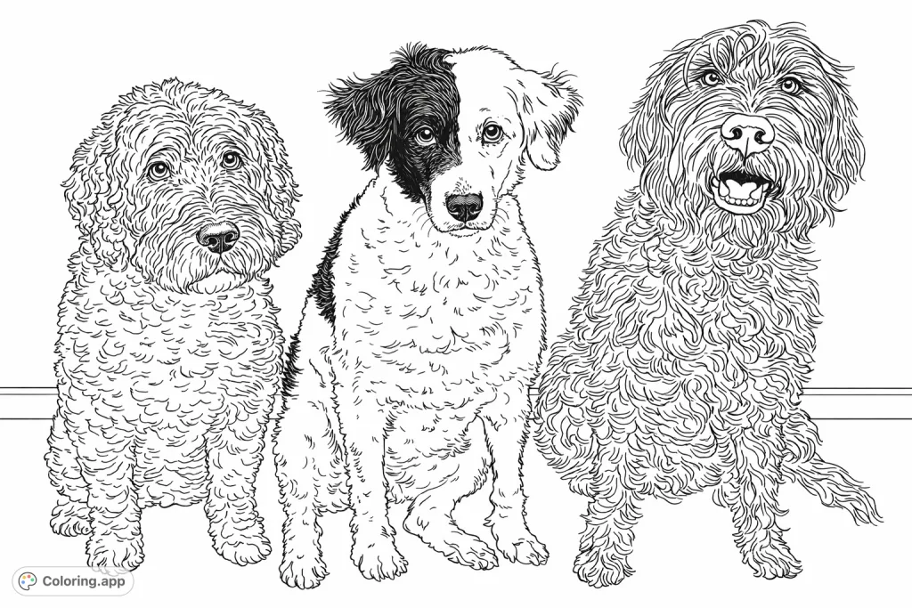 Meet three unique dogs, each with distinct fur textures and expressions, seated side-by-side. A heartwarming scene perfect for dog lovers to color!