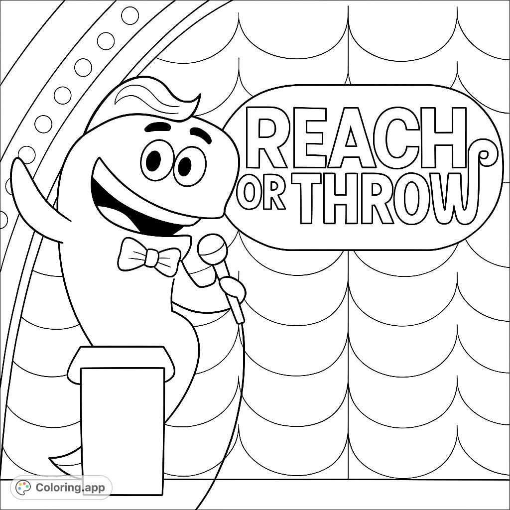 Friendly cartoon character on stage with microphone and a blank sign. Fun, interactive design for all ages.