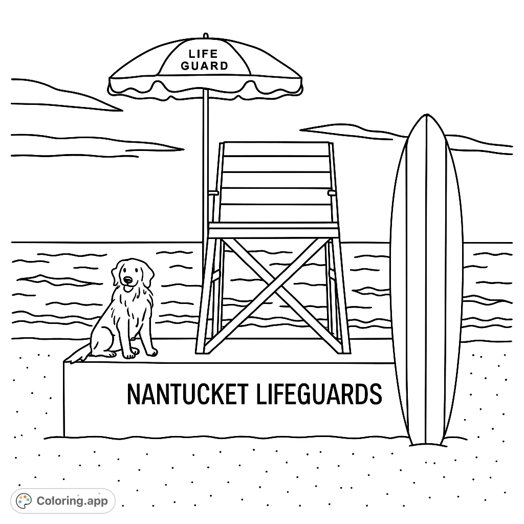 A charming beach scene featuring a golden retriever by a lifeguard stand and surfboard. Perfect free printable beach coloring page for kids and adults.