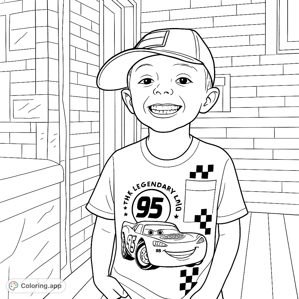 A happy boy in a race car shirt and cap, smiling brightly. This free printable boy coloring page is perfect for kids who love cars and big smiles, offering a fun activity.