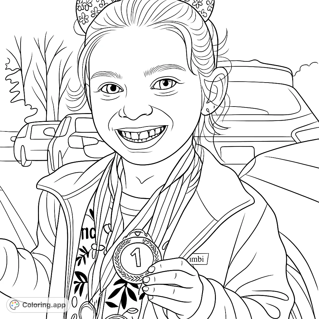 Joyful girl proudly displays her achievement medals, wearing a big bow and a cozy jacket. A fun, inspiring coloring page for all ages.