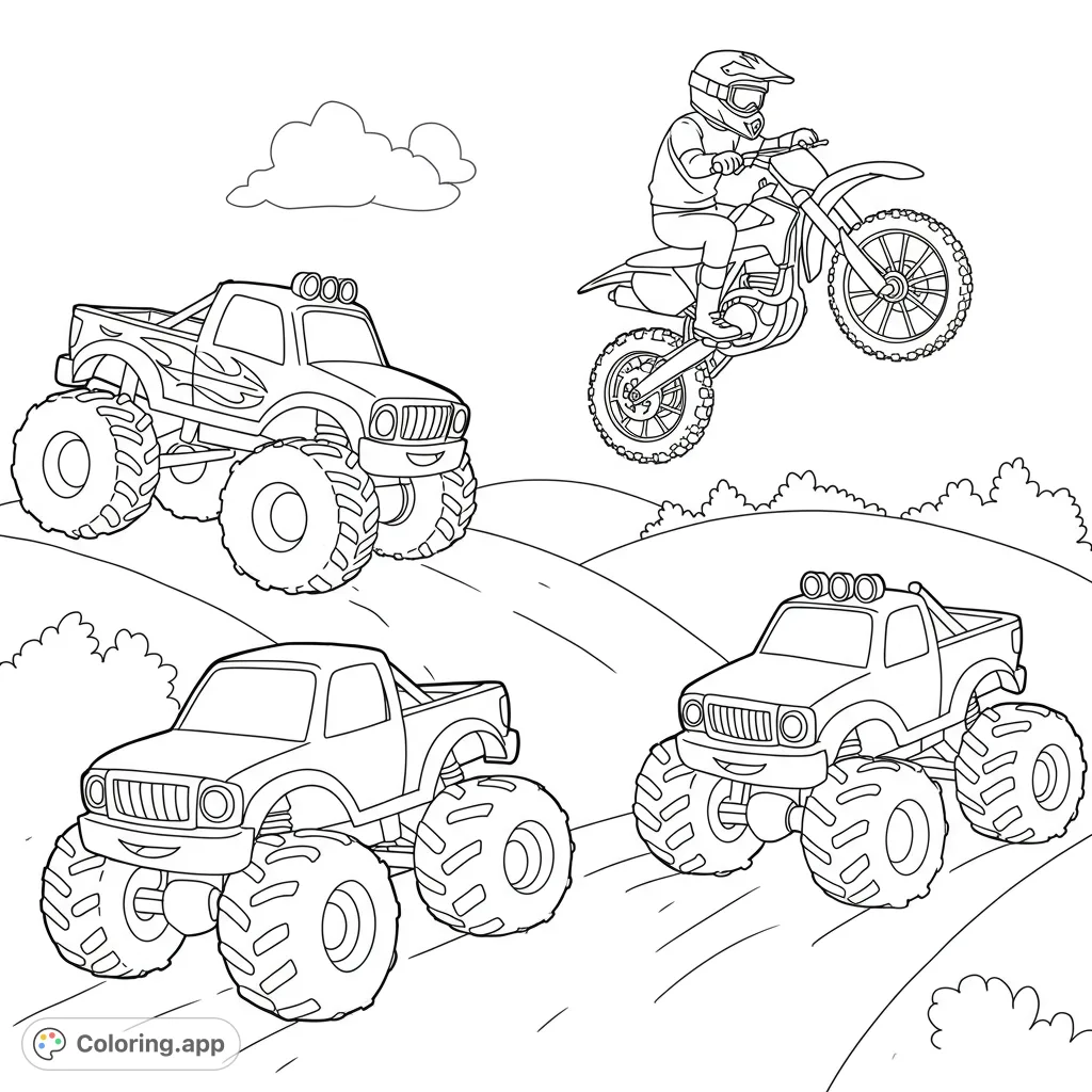 Bold lines for easy coloring of powerful monster trucks and speedy dirt bikes, perfect for young artists. A fun, free printable for kids!