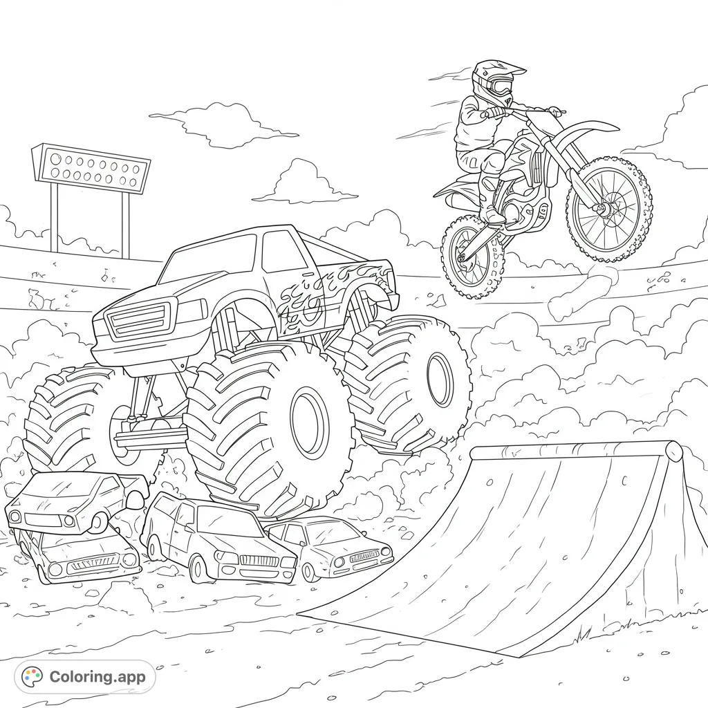 Roaring monster trucks and high-flying dirt bikes dominate this action-packed coloring page. Perfect for young fans of extreme vehicles!