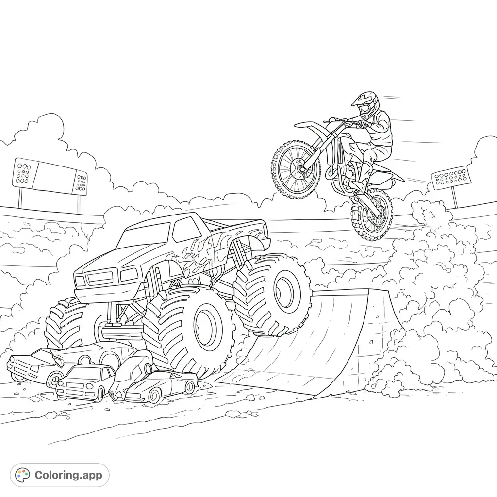 Roaring monster trucks and high-flying dirt bikes dominate this action-packed coloring page. Perfect for young fans of extreme vehicles!