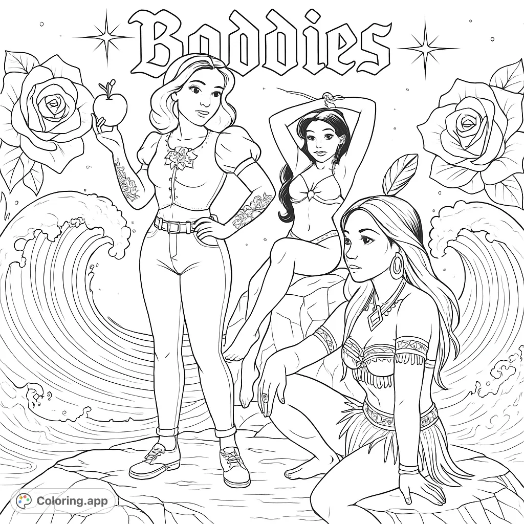 Three modern fairytale heroines with intricate tattoos and bold styles stand against a dynamic backdrop of waves and roses, ready for your creative touch.