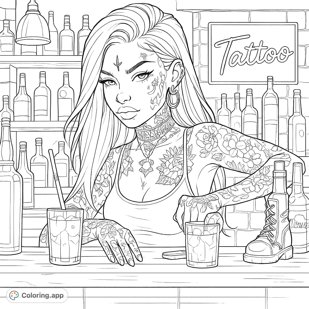An edgy tattooed woman behind a bar, surrounded by bottles and drinks. A detailed urban scene perfect for creative expression. Free printable tattoo coloring page.