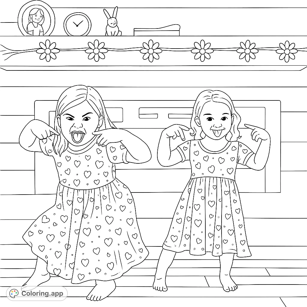 Two playful girls in patterned dresses make funny faces, ready for a vibrant coloring adventure. A fun, free printable kids' coloring page!