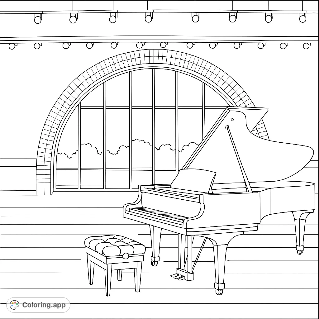 A majestic grand piano and bench in a grand hall with an arched window, perfect for music lovers. Free printable music coloring page.