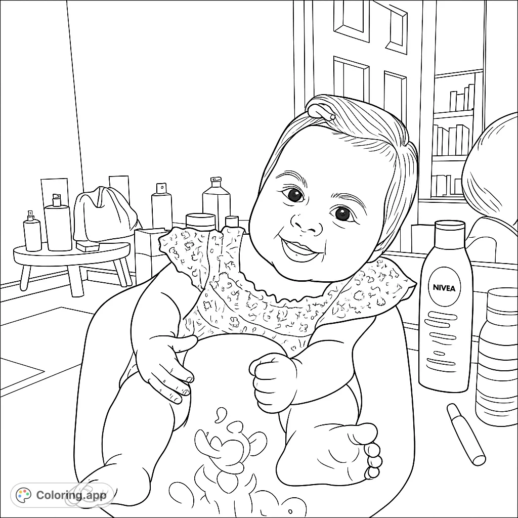 An adorable baby smiles from a comfy seat, surrounded by bathroom essentials. A charming free printable baby coloring page for all ages.
