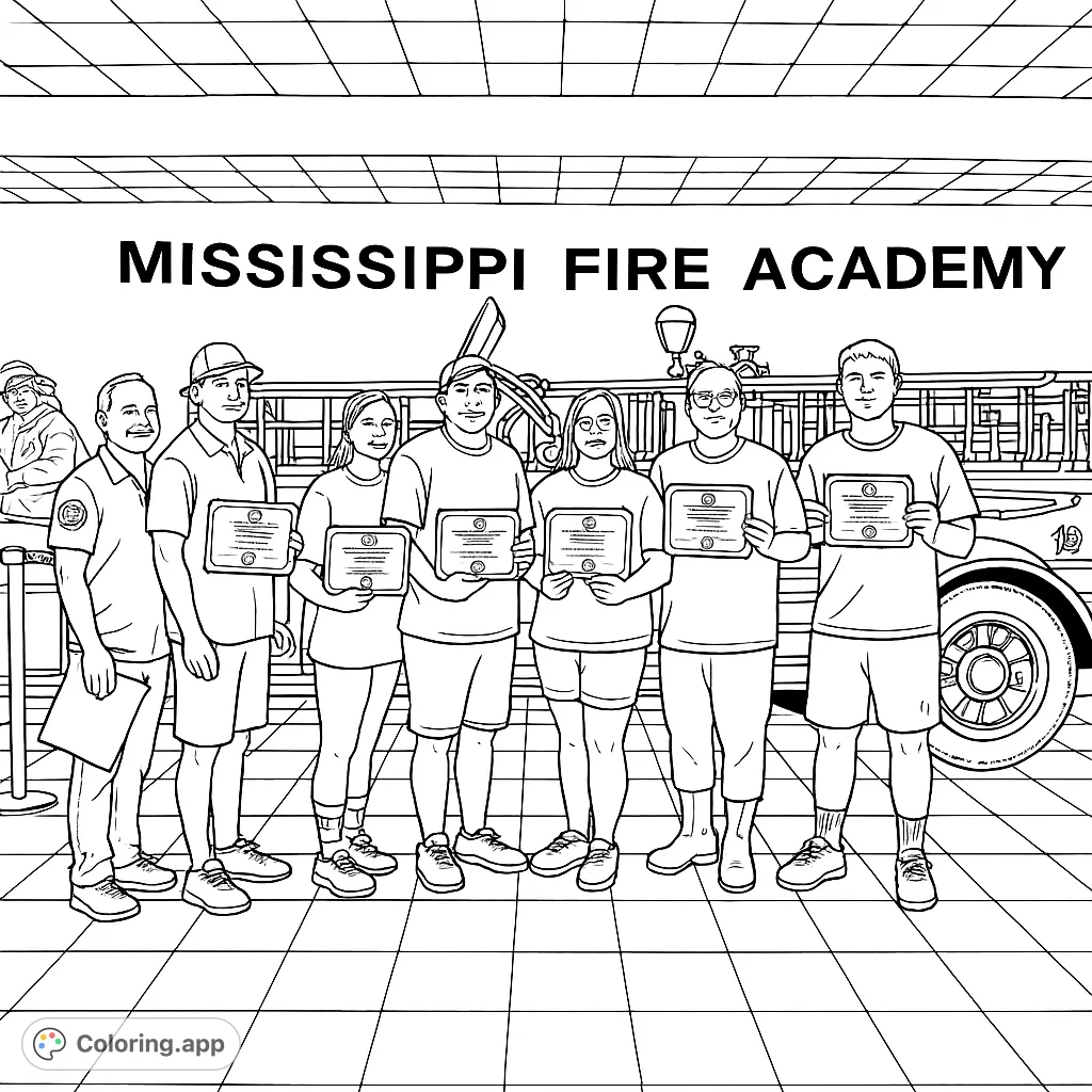 A proud group of graduates holding certificates in front of a classic fire truck at the Fire Academy, ready for coloring.