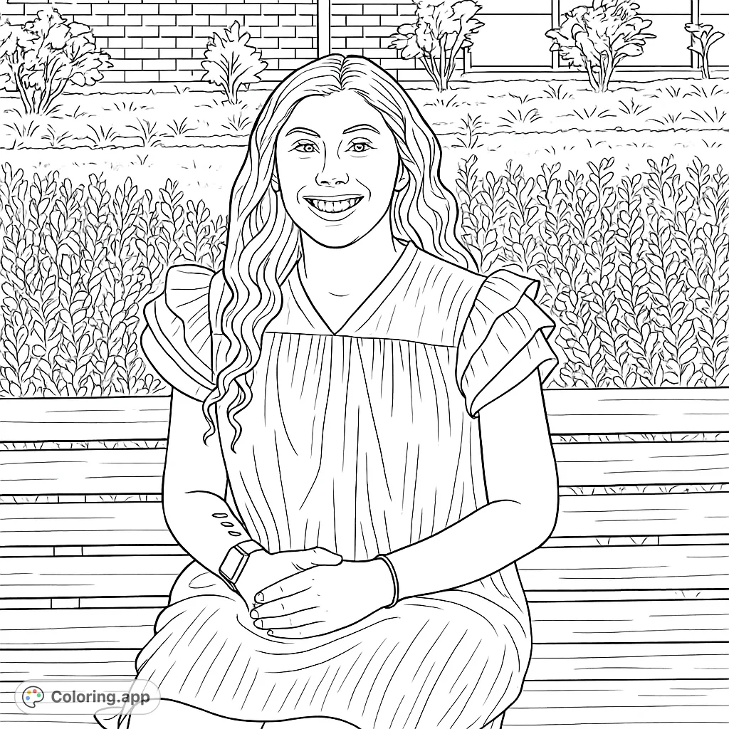 A delightful free printable coloring page featuring a smiling woman on a park bench, surrounded by nature. Perfect for relaxation and creative expression.
