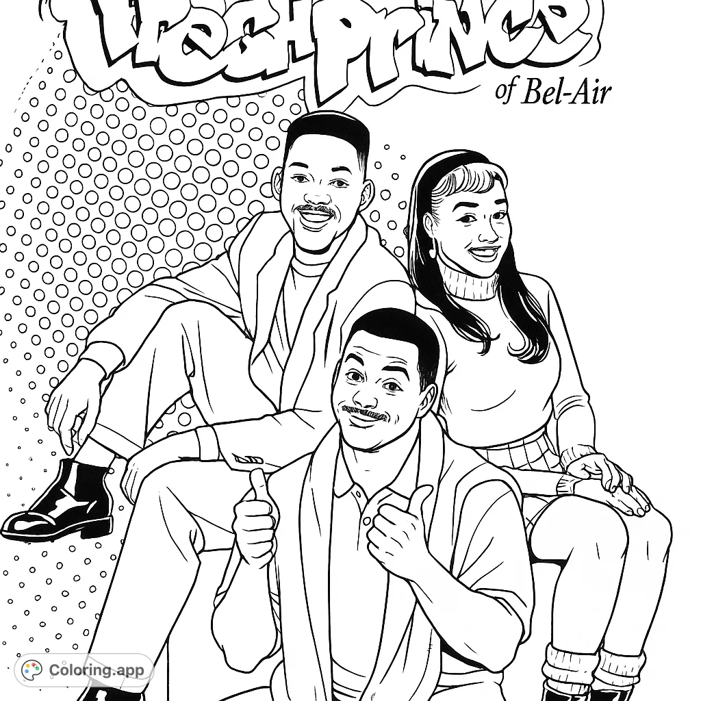 A vibrant 90s sitcom coloring page featuring three iconic characters, perfect for fans to bring to life with bold colors and nostalgic flair.