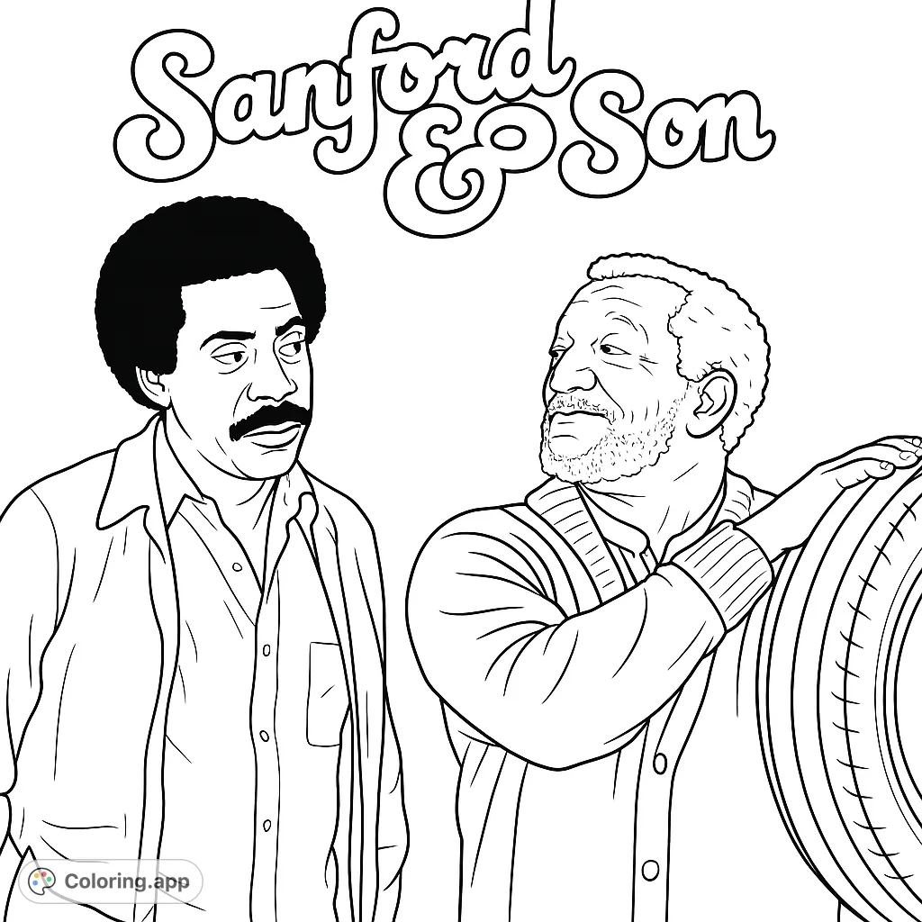 A classic TV duo, one holding a tire, against a simple background. This Sanford and Son coloring page is perfect for fans of vintage comedy.
