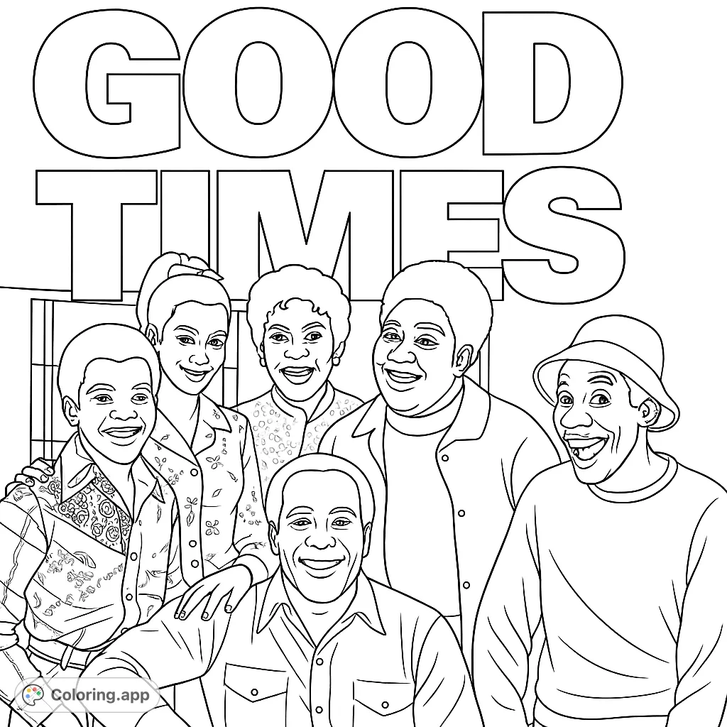 Color a beloved classic TV show family portrait featuring six smiling characters in a warm, inviting group pose. Perfect for fans!