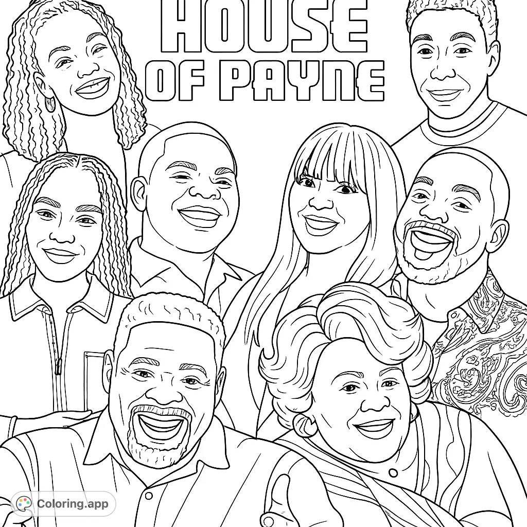 A joyful group portrait of seven smiling individuals, perfect for a family-themed coloring page. Capture their happy expressions and diverse features.