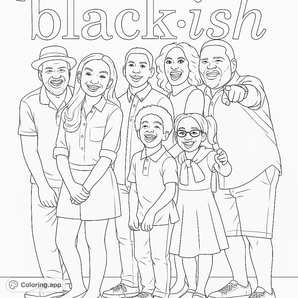 A cheerful family portrait featuring six smiling individuals in vibrant attire, perfect for a fun and expressive coloring experience.