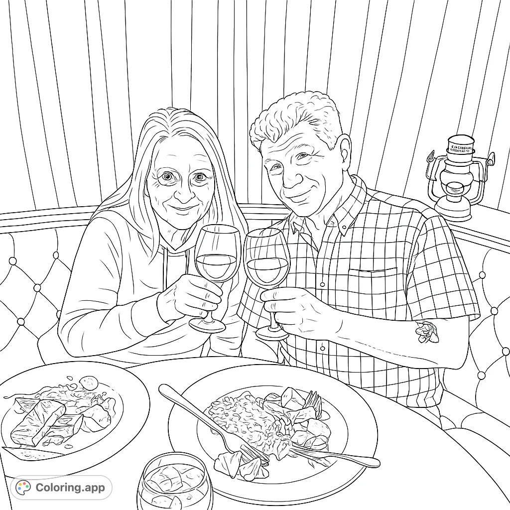 A couple enjoying a romantic dinner, toasting with wine glasses in a cozy restaurant setting. Features detailed food plates and a decorative lantern.