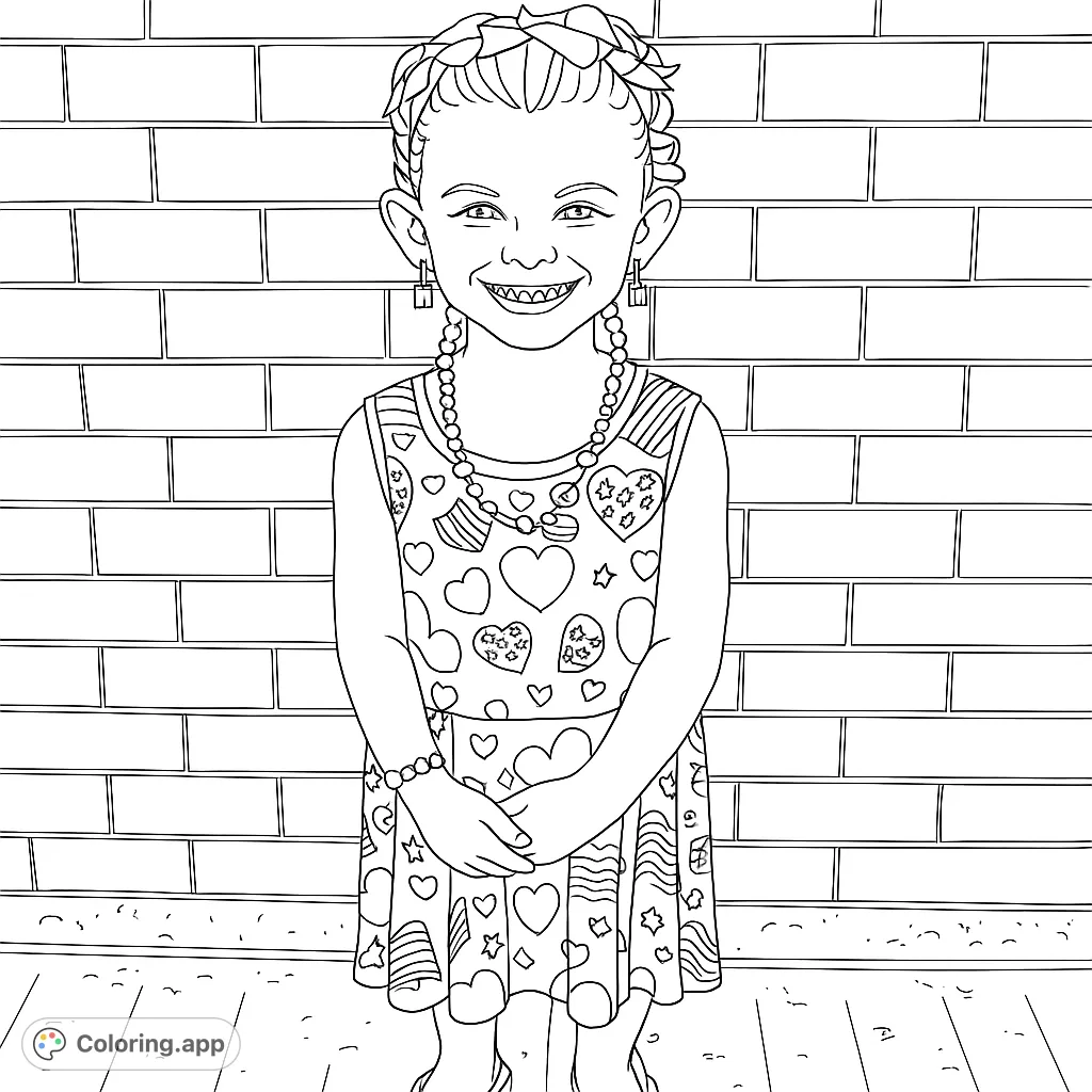A joyful girl in a patriotic heart-patterned dress, complete with flag-themed accessories and mismatched flip-flops, ready for a festive coloring adventure.
