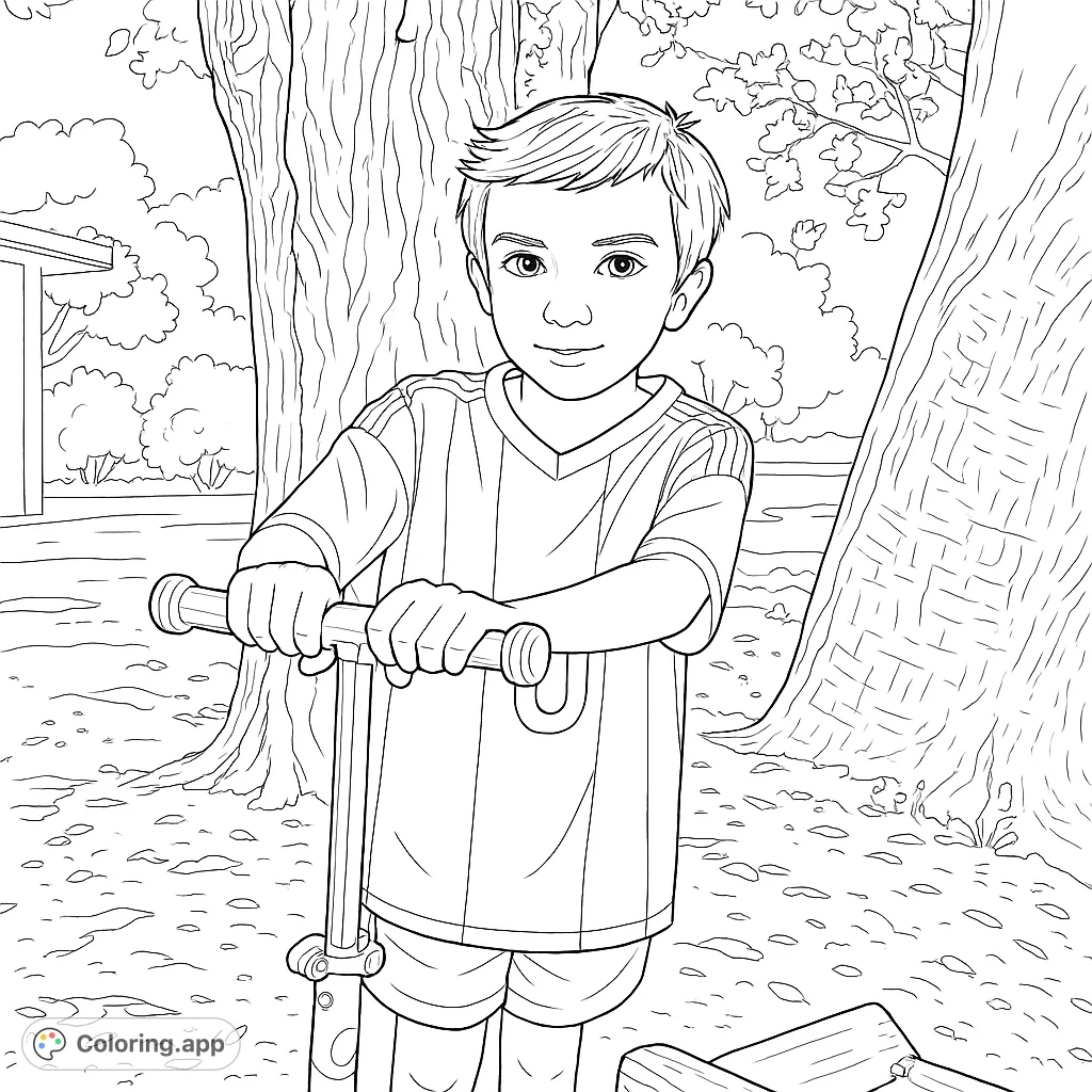 A young boy stands with his scooter, ready for adventure. This free printable coloring page is perfect for kids who love outdoor fun and sports.
