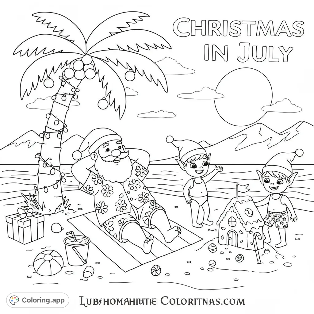 Celebrate Christmas in July with this whimsical coloring page featuring Santa on a beach, surrounded by festive summer fun and holiday cheer.