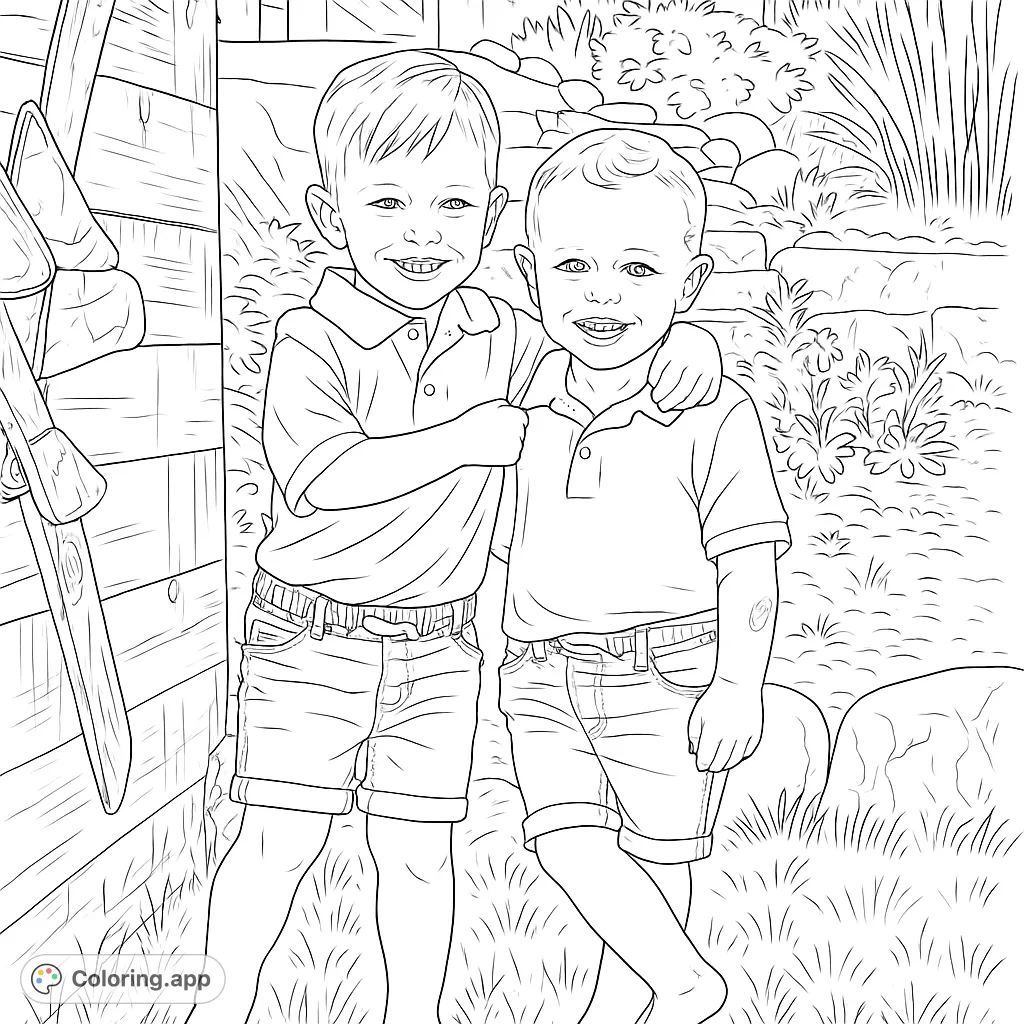 A heartwarming free printable coloring page featuring two smiling young brothers embracing outdoors, perfect for kids and family coloring fun.