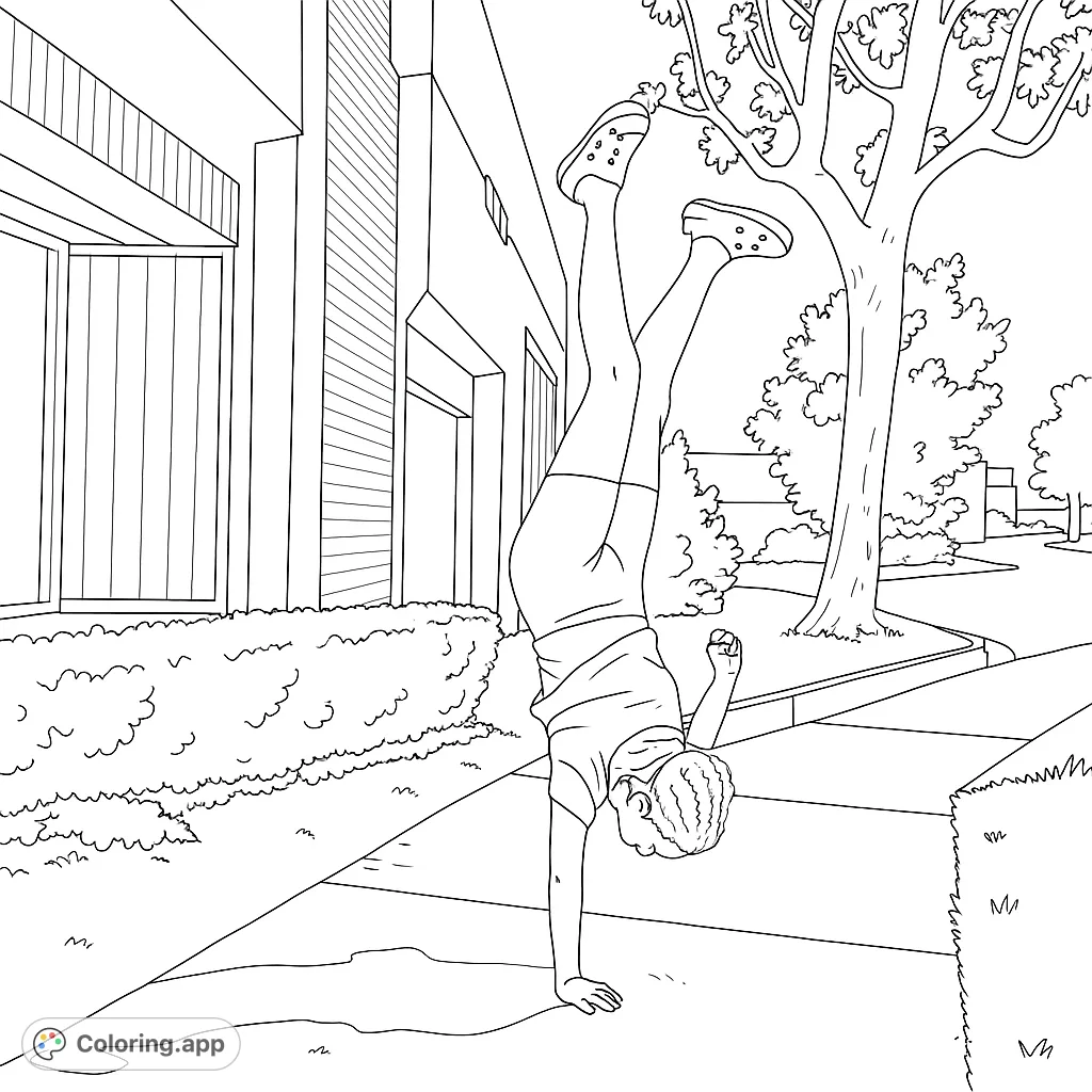 Dynamic handstand pose on a sidewalk, featuring a person balancing with one hand, set against a building, bushes, and a tree. Perfect for active coloring.