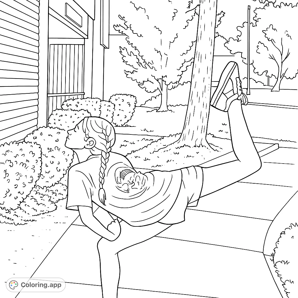 Capture the grace of a dynamic stretch pose outdoors. This athletic flexibility coloring page features a person in a challenging balance, perfect for all ages.