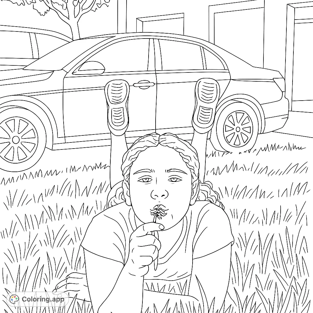 A charming free printable coloring page featuring a young girl lying in the grass, joyfully blowing a fluffy dandelion, perfect for kids and adults.