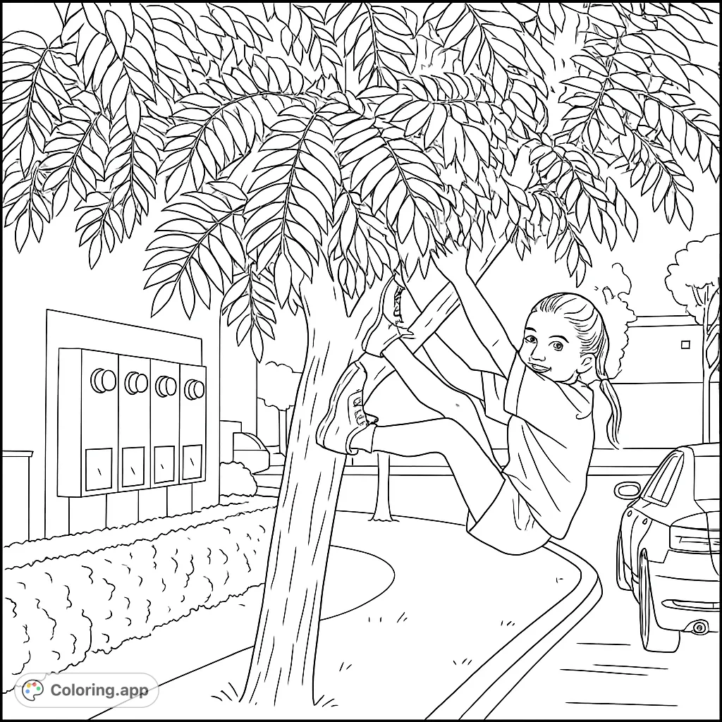 A joyful girl climbs a leafy tree, perfect for a nature adventure coloring page. Features detailed leaves, a sturdy trunk, and a simple background.