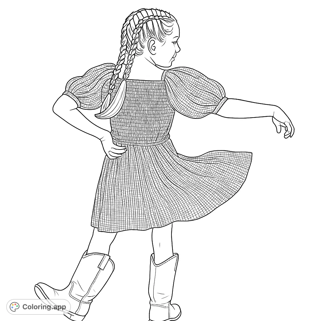 A charming girl in a flowing gingham dress and tall boots, with braided hair, captured in a playful pose. Perfect for a delightful coloring experience.