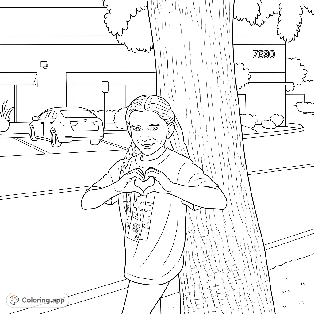 A cheerful girl leans against a large tree, forming a heart with her hands, set against a backdrop of a building and cars. A free printable coloring page.