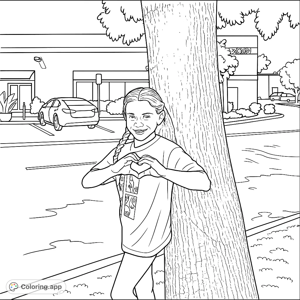 A cheerful girl leans against a large tree, forming a heart with her hands, set against a backdrop of a building and cars. A free printable coloring page.