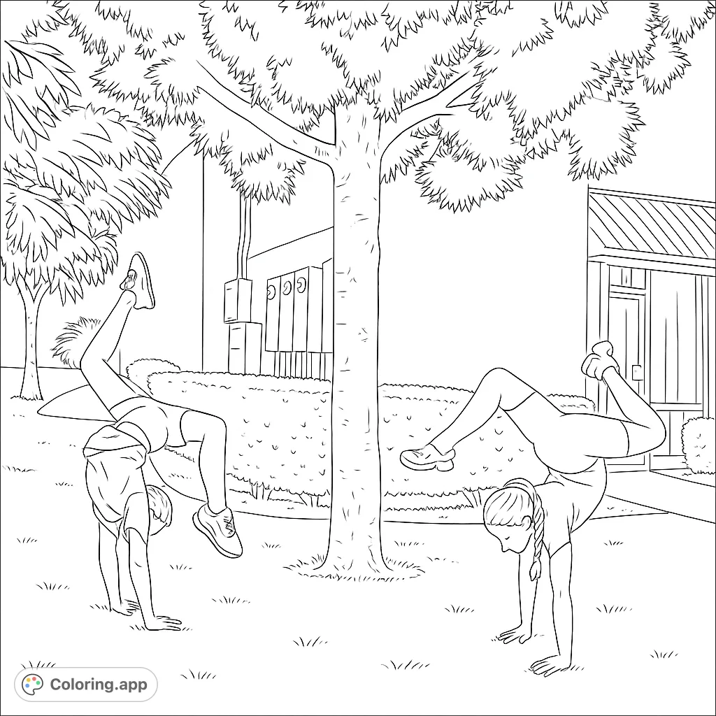 Two girls in dynamic handstand poses on a grassy lawn, with a tree and building in the background. A fun gymnastics coloring page for all ages.
