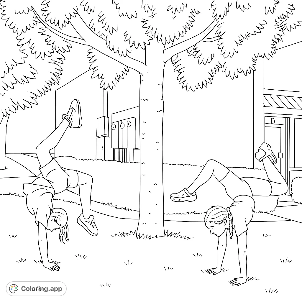 Two girls in dynamic handstand poses on a grassy lawn, with a tree and building in the background. A fun gymnastics coloring page for all ages.