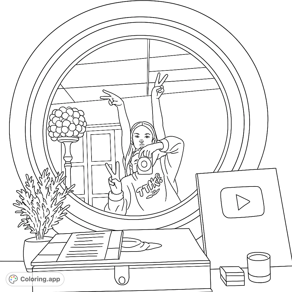 Two girls strike playful poses in a round mirror, surrounded by decorative items and a YouTube award. A fun, free printable coloring page for kids.