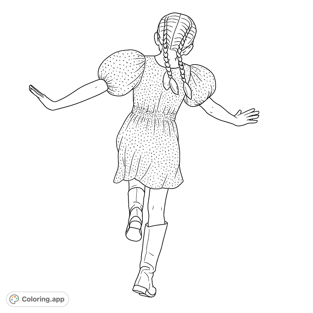 A joyful girl with braided pigtails in a charming gingham dress and tall boots, captured mid-skip. A delightful free printable coloring page for creative fun.