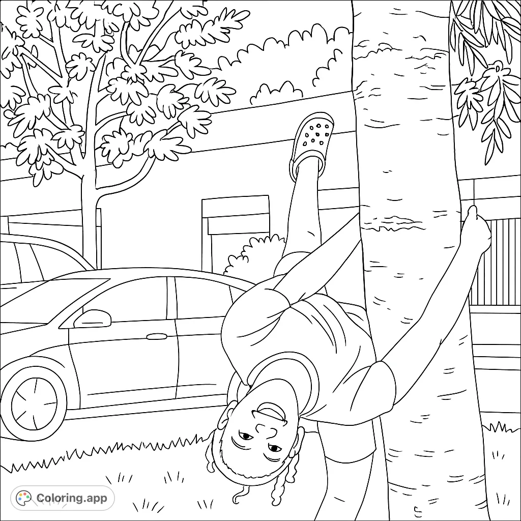 A joyful girl hangs upside down from a tree, smiling brightly. A fun, playful scene perfect for a free printable coloring page for kids.
