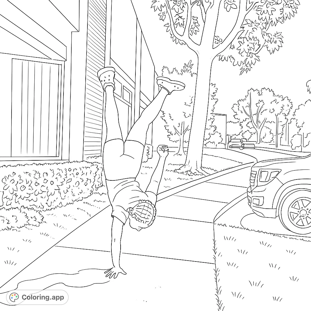 Dynamic handstand coloring page featuring a person balancing on a sidewalk with a building and tree background. Perfect for all ages.