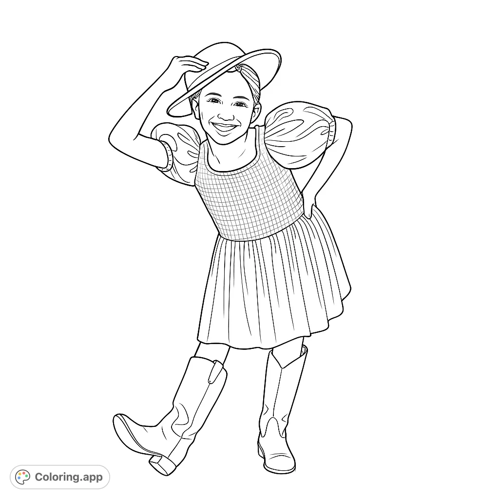 A cheerful girl in a gingham dress and cowboy hat, striking a playful pose. Perfect for a fun country-themed coloring page.