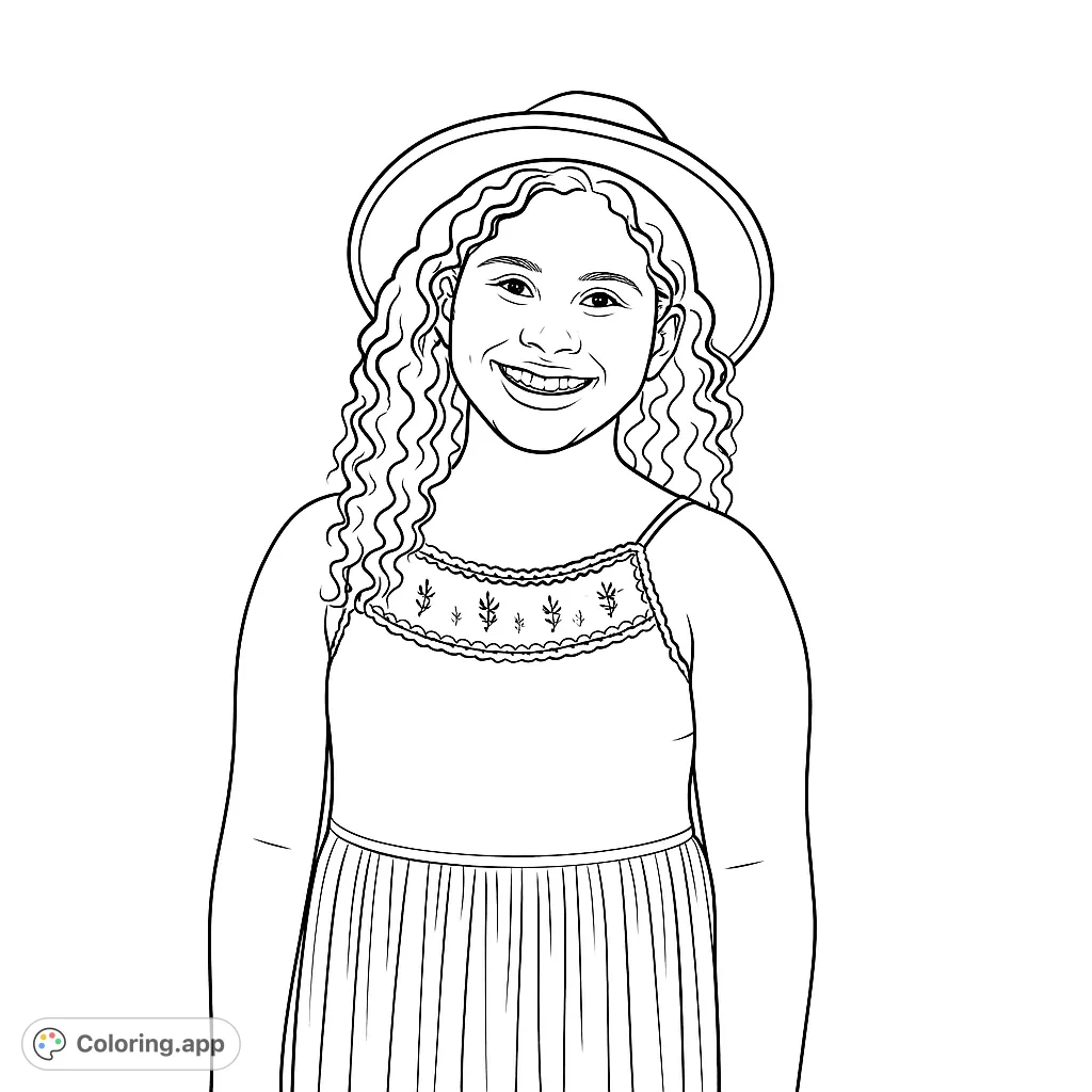 A cheerful girl in a stylish hat and a flowy dress with delicate lace details, ready for vibrant colors. A delightful free printable coloring page.