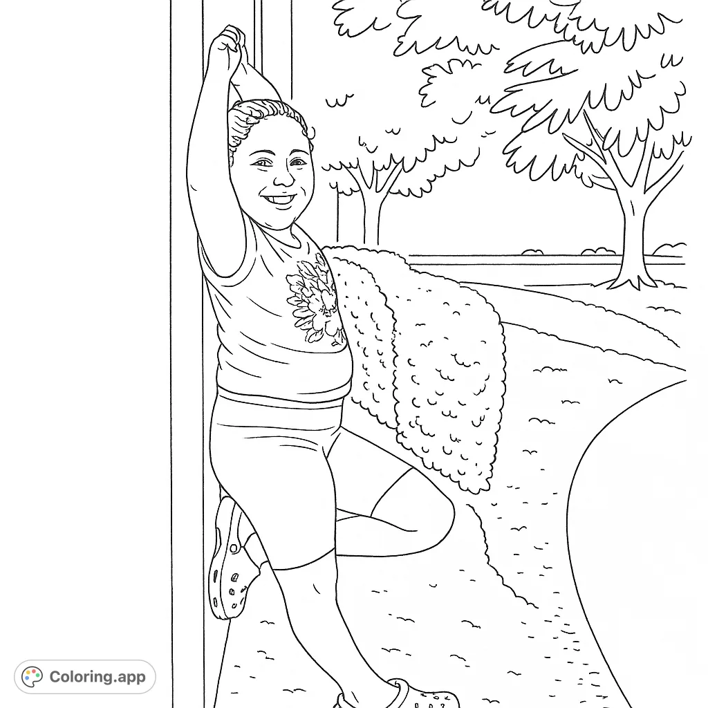 A cheerful girl leans against a wall, arms raised, smiling brightly. Features detailed clothing and a natural outdoor setting, perfect for a free printable coloring page.