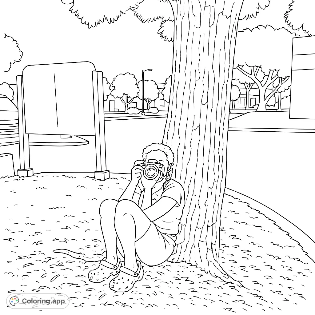 A young photographer captures a moment while relaxing under a large tree, perfect for a nature-themed coloring page. Features a detailed camera and textured tree bark.