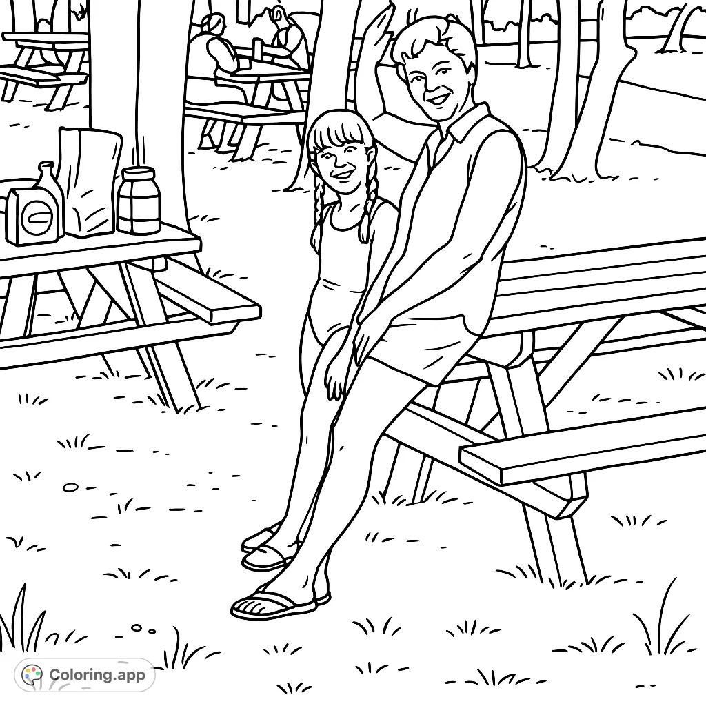 A joyful mother and daughter at a sunny picnic, surrounded by trees and tables. Perfect for family fun and outdoor adventure coloring.