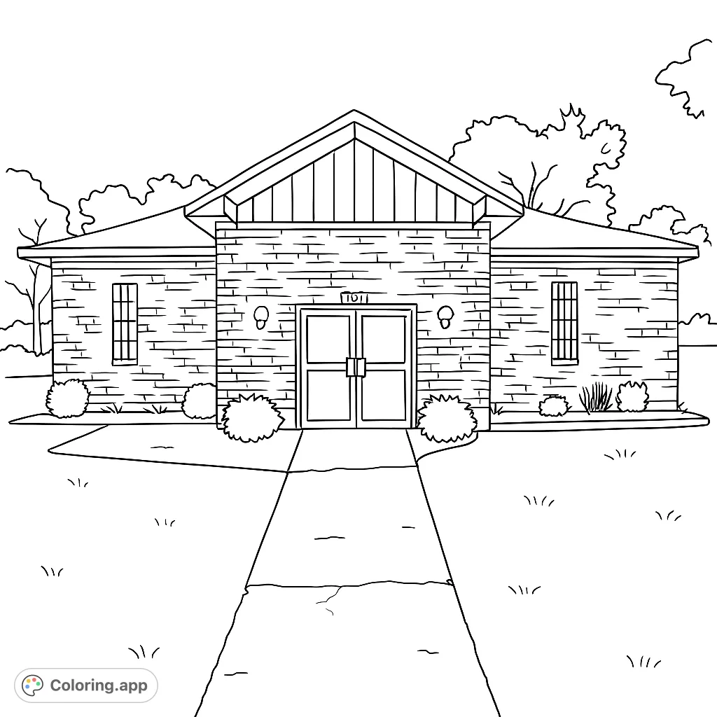 A charming brick building coloring page, featuring a detailed facade, inviting pathway, and lush landscaping. Perfect for all ages!