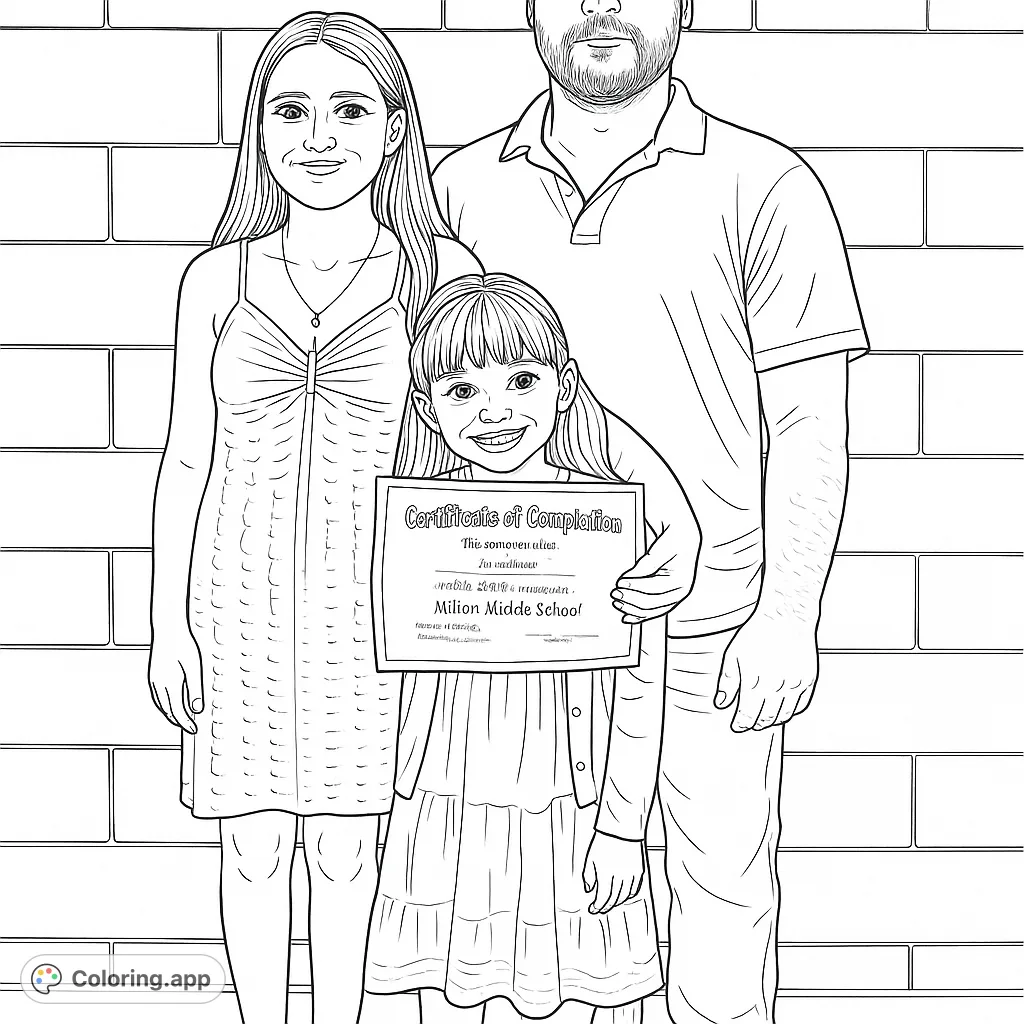 A heartwarming family portrait featuring a young girl proudly holding her certificate, flanked by her sister and father, perfect for a free printable coloring page.