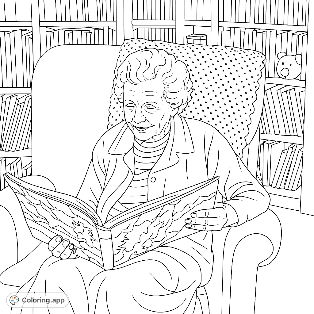 An elderly person enjoys a quiet moment reading a book in a cozy armchair, surrounded by shelves of books. A peaceful scene for coloring.