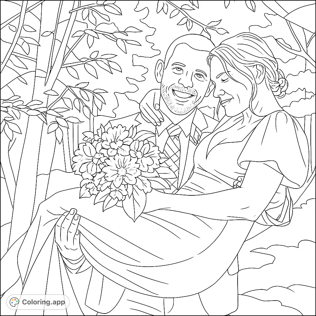 A romantic wedding scene featuring a groom carrying his bride amidst a lush forest, holding a beautiful bouquet. Perfect for celebrating love.