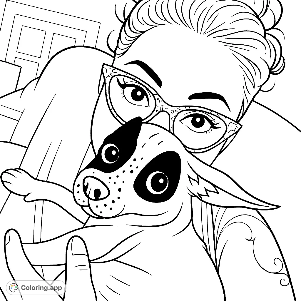 A heartwarming coloring page featuring a person with patterned glasses lovingly holding a small, spotted puppy. Perfect for pet lovers and all ages.